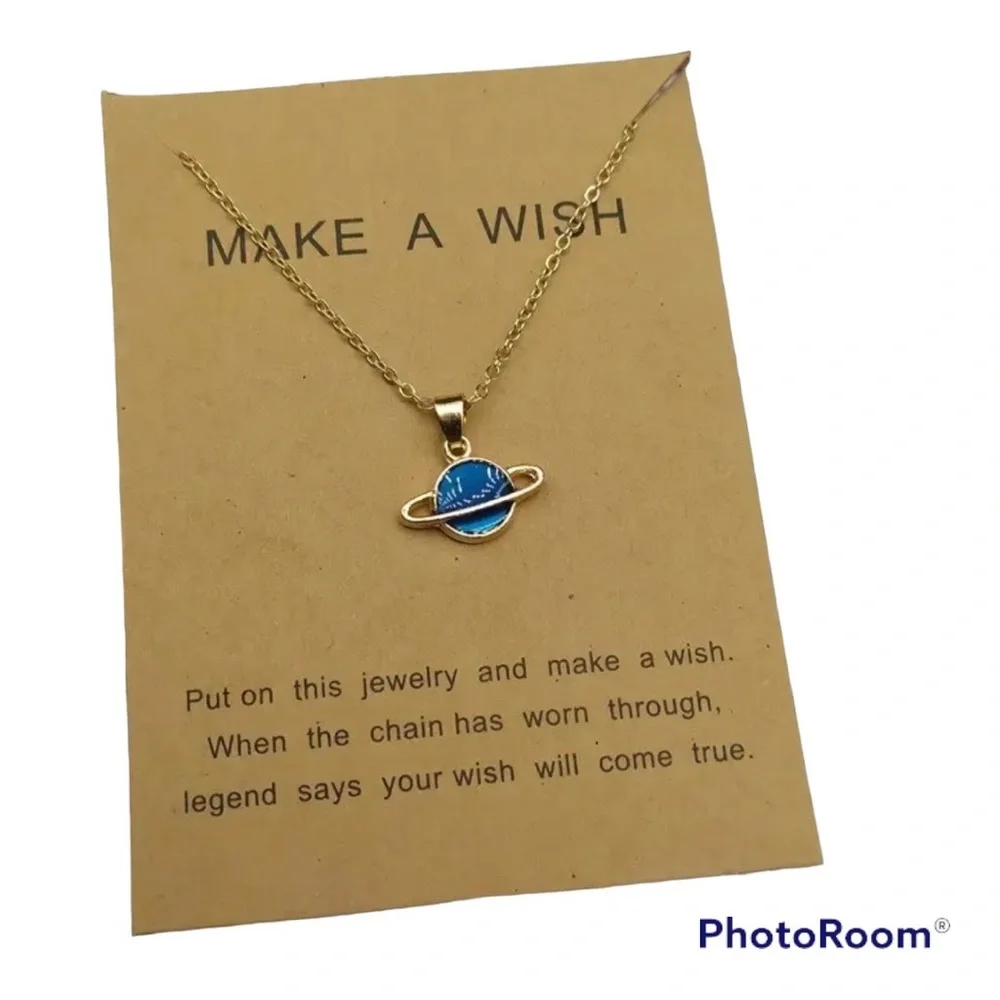 Planet Saturn Necklace ~ outer space w Make a Wish card solar system sky